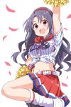  arm_up bangs belt bike_shorts black_hair black_shorts blush breasts cheerleader confetti frilled_skirt frills hand_on_hip headband hooded_shirt idolmaster idolmaster_million_live! leg_up long_hair medium_breasts midriff navel open_mouth pinstripe_pattern pinstripe_shirt pom_pom_(cheerleading) red_eyes red_skirt shirt shorts shorts_under_skirt skirt smile solo striped taka_(suigendou) takayama_sayoko teeth thighs tied_shirt upper_teeth wavy_hair white_background white_belt white_footwear white_legwear white_shirt wristband 