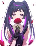  1girl black_dress black_gloves blue_hair blush colored_inner_hair commentary_request covering_mouth crying dress falling_petals flower gloves hatsune_miku heart highres holding holding_flower jewelry lace lace_gloves looking_at_viewer multicolored_hair parasite_(vocaloid) petals pjmiyo purple_eyes purple_hair ring simple_background sleeveless sleeveless_dress solo twintails upper_body vocaloid white_background 