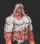  1boy abs bara beard biceps black_background blood blood_on_face dobek_k facial_hair feet_out_of_frame forearms hairy highres long_hair looking_down male_focus manly mature_male multicolored_hair muscular muscular_male navel_hair orange_hair original pants pectorals red_eyes sam_(dobek_k) scar shirt simple_background solo t-shirt tan thick_arms thick_eyebrows third_eye torn torn_clothes white_hair 