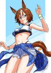  1girl :d absurdres animal_ears aqua_eyes arm_up bamboo_memory_(ultra_marine)_(umamusume) bamboo_memory_(umamusume) bare_shoulders bikini bikini_under_clothes black_bikini blue_background blush bracelet breasts brown_hair clothes_around_waist collarbone commentary_request cowboy_shot crop_top crop_top_overhang denim denim_shorts ear_ornament green_nails grin hair_between_eyes highleg highleg_bikini highres horse_ears horse_girl horse_tail jacket jewelry looking_at_viewer midriff multicolored_hair multicolored_nails navel necklace official_alternate_costume plaid plaid_jacket senchan_7 short_hair short_shorts shorts sidelocks small_breasts smile solo standing streaked_hair swimsuit tail tank_top torn_clothes torn_shorts umamusume white_hair white_tank_top wristband yellow_nails 