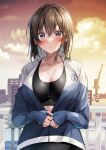  1girl black_pants black_sports_bra blush breasts brown_hair building city cloud cloudy_sky collarbone crane_(machine) hair_between_eyes hawawa-chan_(shiro_kuma_shake) highres jacket large_breasts long_sleeves looking_at_viewer navel open_clothes open_jacket original outdoors pants purple_eyes shiro_kuma_shake short_hair sky solo sports_bra sunset sweat yoga_pants 