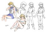  203wolves arm_support bangs bare_arms bare_legs blonde_hair blue_sailor_collar blue_skirt bra breasts brown_eyes cleavage closed_mouth collarbone cropped_legs duel_academy_uniform_(yu-gi-oh!_gx) floating_hair full_body grey_shirt hair_between_eyes hand_in_hair long_hair looking_at_viewer medium_breasts miniskirt panties sailor_collar shiny shiny_hair shirt signature sitting sketch skirt sleeveless sleeveless_shirt standing straight_hair tenjouin_asuka underwear underwear_only very_long_hair white_background white_bra white_panties yu-gi-oh! yu-gi-oh!_gx 