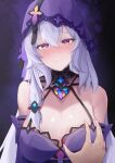  1girl 1other absurdres bare_shoulders black_swan_(honkai:_star_rail) blush breasts elbow_gloves gloves grabbing grabbing_another&#039;s_breast hair_between_eyes highres honkai:_star_rail honkai_(series) large_breasts long_hair looking_at_viewer mark1019 purple_gloves purple_hair purple_veil smile veil 
