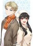  1boy 1girl black_hair blonde_hair blue_eyes brown_coat coat earrings gold_earrings highres jewelry looking_at_viewer ookamiura_aoi open_mouth orange_scarf red_eyes scarf spy_x_family sweater twilight_(spy_x_family) white_coat white_headwear white_sweater yor_briar 