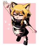  1girl :3 absurdres animal_ears apron arm_up black_footwear black_skirt blonde_hair bow braid commentary_request cookie_(touhou) fox_ears frilled_apron frills full_body hair_bow hat highres kemonomimi_mode kirisame_marisa long_hair mary_janes medium_bangs open_mouth paw_print pink_background puffy_short_sleeves puffy_sleeves red_bow shirt shoes short_sleeves side_braid simple_background single_braid skirt skirt_set smile socks solo standing sticker suzu_(cookie) sznkrs touhou two-tone_background v-shaped_eyebrows waist_apron white_apron white_background white_shirt white_socks witch_hat 