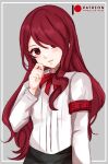  1girl artist_name closed_mouth commentary english_commentary gekkoukan_high_school_uniform grey_background hair_over_one_eye hand_on_own_face kirijou_mitsuru long_hair outside_border patreon_logo patreon_username persona persona_3 red_eyes red_hair school_uniform simple_background smile solo yuxine 