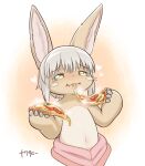 &lt;3 2022 ambiguous_gender anthro blush bottomwear brown_body brown_fur clothed clothing eating eating_food eating_pizza food fur grey_hair hair half-closed_eyes half-length_portrait happy hi_res holding_food holding_object holding_pizza horizontal_pupils kemono lagomorph made_in_abyss mammal midriff multicolored_body multicolored_fur nanachi narehate narrowed_eyes navel nawa pizza portrait pupils signature simple_background smile solo tan_body tan_fur topless two_tone_body two_tone_fur whiskers yellow_eyes