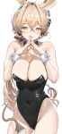  1girl animal_ears arknights bare_shoulders black_leotard blonde_hair blush breasts breasts_squeezed_together cleavage commentary_request covered_navel cowboy_shot dorothy_(arknights) flying_sweatdrops hair_between_eyes hair_intakes highleg highleg_leotard highres large_breasts leotard long_hair looking_at_viewer low_ponytail mouse_ears mouse_girl mouse_tail open_mouth playboy_bunny satsuki_neko simple_background skindentation solo steepled_fingers strapless strapless_leotard tail wavy_hair white_background white_headwear white_wrist_cuffs wrist_cuffs yellow_eyes 
