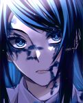  1girl ado_(utaite) blue_eyes blue_hair blue_theme chando_(ado) closed_mouth cloud_nine_inc commentary english_commentary highres keeko_(kk_0012) long_hair looking_at_viewer mixed-language_commentary mole mole_under_eye paint_splatter paint_splatter_on_face portrait sidelocks signature solo swept_bangs utaite 