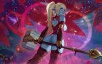  2girls alternate_breast_size alternate_costume alternate_height ass ass_support bare_shoulders blonde_hair brown_thighhighs butt_crack clothing_cutout garter_straps hammer heart_cutout highres holding holding_hammer holding_staff league_of_legends leotard looking_at_viewer looking_back lulu_(league_of_legends) magic multiple_girls pix_(league_of_legends) pointy_ears poppy_(league_of_legends) pussy pussy_peek red_headwear red_leotard solo_focus staff themaestronoob thighhighs twintails 