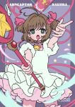  1girl brown_hair cardcaptor_sakura clow_card collarbone commentary_request copyright_name dated dress green_eyes grey_background hair_ribbon highres holding holding_wand kinomoto_sakura neki_(wakiko) open_mouth outstretched_arms pink_ribbon puffy_short_sleeves puffy_sleeves ribbon short_sleeves solo standing star_(symbol) twitter_username two_side_up wand white_dress 