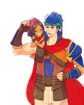  1boy 1girl black_hair blue_collar blue_eyes blue_hair carrying circlet clenched_hand closed_eyes collar commentary_request crossed_arms dark-skinned_female dark_skin e8coofn0klibdx1 fire_emblem fire_emblem_engage green_hairband grin hairband highres ike_(fire_emblem) medium_hair open_mouth piggyback short_hair simple_background smile standing teeth timerra_(fire_emblem) white_background 