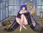  1girl animal_ear_fluff animal_ears azur_lane bare_shoulders beads black_kimono breasts cleavage diaoao_bugaoxing facial_mark fox_ears fox_girl full_body fur-trimmed_kimono fur_trim gem highres holding indoors japanese_clothes jewelry kimono large_breasts long_hair long_sleeves low_neckline magatama magatama_necklace musashi_(azur_lane) necklace panties prayer_beads purple_gemstone solo underwear very_long_hair whisker_markings white_panties wide_sleeves yellow_eyes 