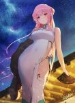  1girl azur_lane breasts china_dress chinese_clothes dress highres huge_breasts looking_at_viewer mmk night perseus_(azur_lane) perseus_(spring_lackadaisical_leisure)_(azur_lane) pink_eyes pink_hair sky solo star_(sky) starry_sky thighs white_dress 
