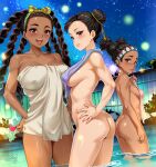  3girls :d ass black_hair blush breasts brown_eyes chun-li covered_nipples covering_privates dark-skinned_female dark_skin earrings forehead hair_bun hands_on_own_hips jewelry kimberly_jackson large_breasts lily_hawk menyoujan multiple_girls naked_towel nude nude_cover onsen open_mouth outdoors same-sex_bathing shared_bathing single_hair_bun sky smile standing star_(sky) starry_sky street_fighter street_fighter_6 teeth tongue towel towel_around_neck upper_teeth_only wading water 