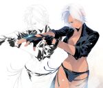  1girl angel_(kof) breasts chaps ffffcoffee fingerless_gloves gloves hair_over_one_eye jacket midriff short_hair the_king_of_fighters white_hair 