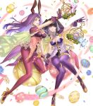  2girls ;d animal_ears bangs black_hair blue_flower blunt_bangs breasts brown_eyes bunny circlet cleavage detached_collar easter_egg egg fake_animal_ears fire_emblem fire_emblem_awakening fire_emblem_echoes:_shadows_of_valentia fire_emblem_gaiden fire_emblem_heroes flower gloves grey_eyes grin high_heels highres kippu large_breasts long_hair multiple_girls non-web_source official_art one_eye_closed open_mouth outstretched_arm pantyhose parted_lips petals pink_flower purple_gloves purple_hair purple_legwear rabbit_ears shirt smile sonya_(fire_emblem) strapless strapless_shirt tharja_(fire_emblem) thighs transparent_background white_flower yellow_flower yellow_footwear 