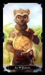 anthro bastionshadowpaw brown_body brown_fur card claws english_text eyebrows fingers fur grey_the_wolverine gulonine hi_res male mammal mustelid musteline pentacle plant ring_(jewelry) smile solo tarot_card text wolverine
