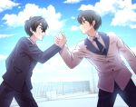  2boys aijou_rentarou black_hair blazer blue_necktie blue_sky brown_eyes cloud cloudy_sky commission day eye_contact fence grin handshake highres jacket kanojo_mo_kanojo kimi_no_koto_ga_dai_dai_dai_dai_daisuki_na_100-nin_no_kanojo looking_at_another mukai_naoya multiple_boys necktie on_rooftop outdoors pants red_necktie school_uniform sky smile spookypandagirl trait_connection 