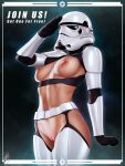  1girl arm_at_side arm_up belt covered_nipples cowboy_shot english_text groin helmet highres leotard navel nipples pussy salute solo star_wars starry_background stormtrooper themaestronoob thighhighs web_address white_belt white_thighhighs 