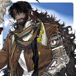  1boy bara beard blue_sky breucceuri brown_coat brown_hair cloud cloudy_sky coat commentary_request dark-skinned_male dark_skin facial_hair korean_commentary looking_at_viewer male_focus mouth_hold prosthesis prosthetic_arm reverse:1999 shamane shirt sky stalk_in_mouth upper_body white_shirt yellow_eyes 