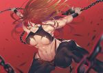  1girl abs bare_shoulders breast_tattoo breasts breasts_apart chain facial_tattoo feet_out_of_frame fuuma_kotarou_(tenkaichi) highres large_breasts long_hair muscular muscular_female navel orange_eyes outstretched_arms parted_lips red_background red_eyes red_hair revealing_clothes simple_background sleeveless smile solo spread_arms stomach tattoo teddy_(khanshin) teeth tenkaichi_nihon_saikyou_bugeisha_ketteisen weapon 