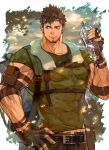  1boy abs armband backpack bag bara beard belt biceps bottle brown_hair chest_belt facial_hair forest gloves green_eyes highres long_sideburns male_focus manly military military_uniform muscular muscular_male nature navel nikism original pants pectoral_cleavage pectorals sideburns smile solo spiked_hair sweat thick_arms tight towel uniform veins water_bottle 