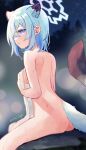  1girl animal_ears ass back blue_archive blurry blurry_background bokeh breasts covering covering_breasts depth_of_field extra_ears feet_out_of_frame green_hair halo highres holding holding_towel light_blush looking_at_viewer medium_breasts night nude purple_eyes rock sese_nagi shigure_(blue_archive) sideboob sitting snowing solo tail towel twitter_username weasel_ears weasel_tail wet 