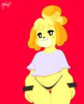  absurd_res animal_crossing anthro breasts canid canine canis clothing crop_top domestic_dog female hi_res isabelle_(animal_crossing) mammal nintendo panthera_cantus shirt simple_background smug_face solo thong topwear underwear video_games wide_hips wristband 