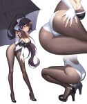  1girl absurdres azur_lane black_footwear black_hair black_legwear breasts hand_on_own_ass high_heels high_ponytail highres huge_breasts leotard long_hair long_legs looking_at_viewer nolan pantyhose ponytail racing_suit ribbon solo squatting takao_(azur_lane) umbrella white_background white_leotard white_ribbon yellow_eyes 