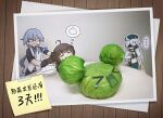  &gt;_&lt; ... absurdres ahoge ai-chan_(honkai_impact) beret black_gloves blue_necktie book_of_fuxi braid brown_hair cabbage chinese_commentary chinese_text closed_eyes countdown crying eating facepalm food fu_hua fu_hua_(night_squire) glasses gloves grey_hair hair_between_eyes hat highres honkai_(series) honkai_impact_3rd long_hair multiple_girls necktie official_alternate_costume official_art open_mouth speech_bubble standing theresa_apocalypse theresa_apocalypse_(twilight_paladin) thinking translation_request white_hair white_sleeves wide_sleeves 