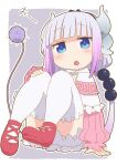  1girl arm_support beads blue_eyes blush commentary dated dragon_horns dragon_tail full_body hair_beads hair_ornament highres horns kanna_kamui knees_up kobayashi-san_chi_no_maidragon long_hair long_sleeves looking_at_viewer low_twintails open_mouth purple_hair red_footwear samansa_ex sitting slit_pupils solo tail thighhighs twintails white_thighhighs 