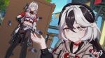  2girls black_hair chinese_commentary closed_eyes closed_mouth coralie_(honkai_impact) day hand_on_own_hip helia_(honkai_impact) highres honkai_(series) honkai_impact_3rd knife logo long_hair midriff multicolored_hair multiple_girls navel official_art official_wallpaper open_hand outdoors standing throwing_knife tree weapon white_hair 