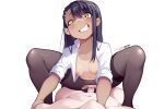  1boy 1girl assertive_female asymmetrical_bangs black_hair breasts brown_eyes clothed_female_nude_male collared_shirt dark-skinned_female dark_skin english_commentary evil_grin evil_smile grin hair_ornament hairclip hetero hot_vr ijiranaide_nagatoro-san long_hair nagatoro_hayase navel nipples nude open_clothes open_shirt pantyhose patreon_username penis sex shirt small_breasts smile squatting_cowgirl_position strangling thighband_pantyhose torn_clothes torn_pantyhose uncensored white_shirt 