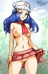 1girl artist_name clothes_lift collarbone dated dawn_(pokemon) mina_cream miniskirt nipples no_panties outdoors pokemon pussy red_scarf red_skirt scarf skirt skirt_lift smile solo tongue tongue_out topless white_headwear 