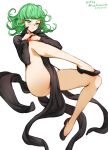  1girl artist_name black_dress black_footwear dated dress full_body green_eyes green_hair knee_up long_sleeves looking_at_viewer mina_cream no_panties one-punch_man shiny_skin simple_background solo tatsumaki white_background 