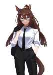  1girl absurdres alternate_costume animal_ears belt black_belt black_necktie black_pants blue_eyes brown_hair collared_shirt commentary_request domino_mask ear_ornament el_condor_pasa_(umamusume) hair_between_eyes hand_in_pocket highres holding holding_clothes holding_jacket horse_ears horse_girl horse_tail jacket long_hair long_sleeves mask necktie pants ponytail senchan_7 shirt silk simple_background sleeves_rolled_up solo spider_web tail umamusume very_long_hair white_background white_shirt 