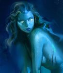  1girl bare_shoulders blue_background blue_skin blue_theme breasts closed_mouth colored_skin commentary english_commentary faux_traditional_media floating_hair gills glowing glowing_eyes highres leaning_forward lips long_hair looking_at_viewer looking_to_the_side medium_breasts mermaid monster_girl nose nude original sideboob solo turning_head upper_body wavy_hair yellow_eyes yuming_li 