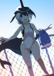  1girl absurdres backlighting bare_shoulders black_hair blonde_hair blowhole blue_eyes blue_hair blush cetacean_tail chain-link_fence common_dolphin_(kemono_friends) day dolphin_girl dorsal_fin dutch_angle feet_out_of_frame fence head_fins highleg highleg_swimsuit highres iwa_(iwafish) kemono_friends legs_apart medium_hair multicolored_hair one-piece_swimsuit open_mouth outdoors smile solo standing swimsuit white_hair 