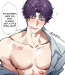  1boy collarbone collared_shirt english_commentary english_text eriimyon highres lips lipstick_mark_on_chest looking_at_viewer love_and_deepspace male_focus muscular muscular_male open_clothes open_shirt parted_lips pectorals purple_eyes purple_hair rafayel_(love_and_deepspace) shirt solo sweat teeth upper_body white_shirt 