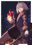  1girl black_pantyhose black_shirt blue_coat border breasts brown_pantyhose building coat fate/grand_order fate_(series) fire fur-trimmed_coat fur_trim holding holding_staff janoukyo19 jeanne_d&#039;arc_alter_(fate) large_breasts long_sleeves looking_at_viewer night night_sky outdoors outside_border pantyhose pencil_skirt pyrokinesis shirt skirt sky smile solo staff white_border yellow_eyes 