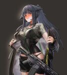  1girl animal_ears ar-15 arknights assault_rifle black_panties black_shirt black_shorts blush breasts cat_ears cat_girl closed_mouth earpiece green_eyes grey_background gun jacket jessica_(arknights) jessica_the_liberated_(arknights) large_breasts long_hair long_sleeves looking_at_viewer open_clothes open_jacket panties ponytail purple_hair rifle shirt shorts sidelocks simple_background solo standing steaming_body supernova05 sweat underwear weapon 