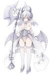  1girl breasts cleavage demon_girl demon_horns demon_wings dress duel_monster full_body gloves grey_eyes highres holding horns large_breasts looking_at_viewer lovely_labrynth_of_the_silver_castle low_wings pointy_ears seto_mz3230 smile solo twintails weapon white_background white_hair wings yu-gi-oh! 