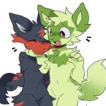 4_fingers :3 ambiguous_gender anthro black_body black_fur duo eyes_closed featureless_crotch fingers fur generation_7_pokemon generation_9_pokemon green_body green_fur incineroar multicolored_body multicolored_fur nintendo nottaii pokemon pokemon_(species) red_body red_eyes red_fur simple_background slim_anthro sprigatito white_background