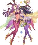  2girls :d animal_ears bangs black_hair blue_flower blunt_bangs breasts brown_eyes bunny circlet cleavage detached_collar fake_animal_ears fire_emblem fire_emblem_awakening fire_emblem_echoes:_shadows_of_valentia fire_emblem_gaiden fire_emblem_heroes flower gloves grey_eyes hand_up high_heels highres kippu large_breasts long_hair looking_at_viewer multiple_girls non-web_source official_art open_mouth pantyhose petals pink_flower purple_gloves purple_hair purple_legwear rabbit_ears shirt smile sonya_(fire_emblem) strapless strapless_shirt tharja_(fire_emblem) thighs transparent_background white_flower yellow_flower yellow_footwear 