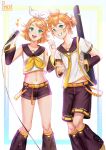  1boy 1girl absurdres ahoge anniversary artist_name bare_shoulders bass_clef belt blonde_hair bow collarbone crop_top detached_sleeves ears flat_chest green_eyes grin hair_bow hair_ornament hairclip heart highres holding holding_microphone instrument instrument_case instrument_on_back kagamine_len kagamine_rin keytar leg_warmers looking_at_viewer microphone midriff navel neckerchief necktie number_tattoo open_mouth pimienta_kast sailor_collar short_hair short_ponytail shorts shoulder_tattoo smile sparkle tattoo treble_clef twitter_username vocaloid yellow_nails yellow_neckerchief yellow_necktie 