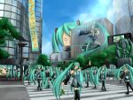  aqua_hair ban_(777purin) black_sleeves building city cityscape crowd detached_sleeves giant hachune_miku hatsune_miku intersection long_hair multiple_girls outdoors road scenery screen spring_onion statue street twintails very_long_hair vocaloid 