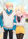  1boy 1girl 2_(tsvf3235) black_pants black_shirt black_thighhighs blonde_hair brother_and_sister collared_shirt gradient_hair hair_between_eyes holding_another&#039;s_arm jacket long_hair long_sleeves multicolored_hair open_mouth orange_hair pants pantyhose pink_eyes pink_hair project_sekai shirt short_hair shoulder_blades siblings skirt smile sweater_vest tenma_saki tenma_tsukasa thighhighs twintails vest yellow_eyes yellow_skirt 