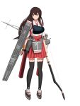  1girl absurdres akagi_(kancolle) akagi_kai_ni_(kancolle) arrow_(projectile) bow_(weapon) brown_eyes brown_hair doradorazz flight_deck gaiters gloves hakama hakama_short_skirt hakama_skirt highres holding holding_bow_(weapon) holding_weapon hull_shoes japanese_clothes kantai_collection long_hair machinery muneate partially_fingerless_gloves quiver red_hakama simple_background skirt solo standing straight_hair tasuki thighhigh_gaiters thighhighs weapon white_background yugake yumi_(bow) 