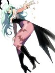  1girl animal_print bat_print black_footwear black_leotard green_hair head_wings highres leotard long_hair meke_(77842928) morrigan_aensland pantyhose pink_pantyhose simple_background solo strapless strapless_leotard vampire_(game) white_background wings 